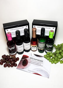 6 verschieden Rot, Rosé und Weißweinflaschen stehen nebeneinander hinter zwei Weintraubenablegern und kleine Broschüre auf der "Weinprobe" geschrieben steht