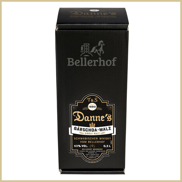schwarze Verpackung von Danne´s Gärschda Malz Schwäbischer Whisky mit 43%  Alkoholgehalt