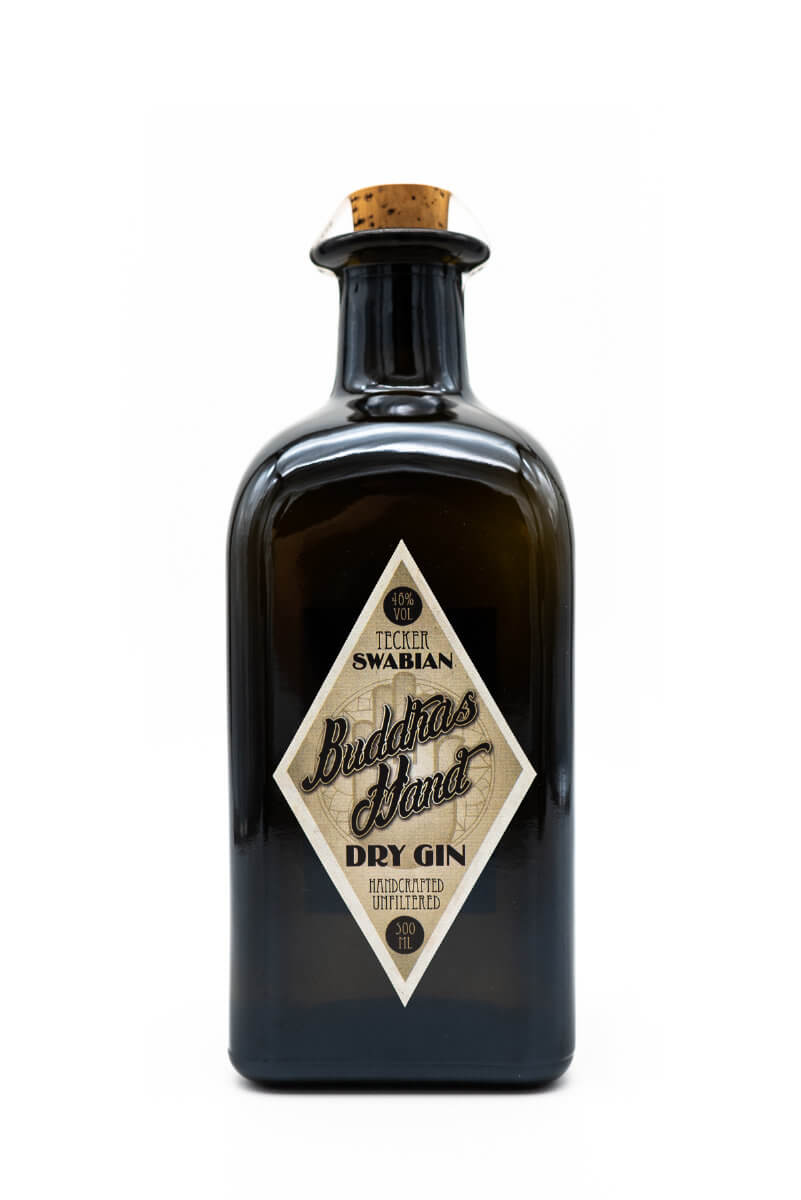 schwarze 500ml Flasche mit trockenem Buddas Hand Gin der Marke Tecker Swabian mit 40 Prozent Alkoholgehalt
